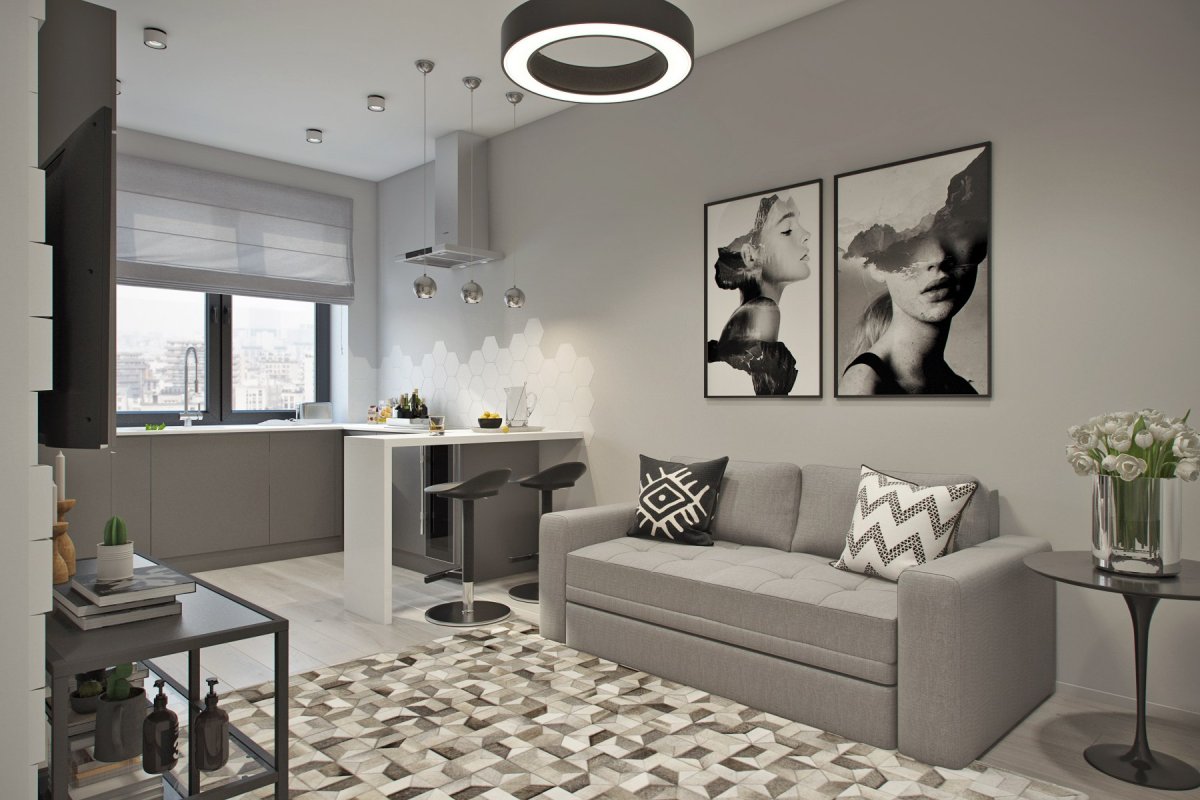 Интерьер студии 28кв с балконом