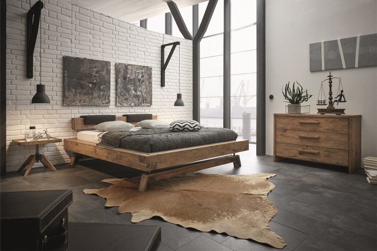 Кровать высокая дуб бетон