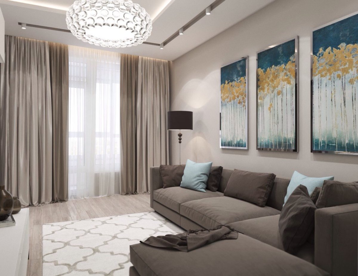 Сливовые шторы в интерьере гостиной