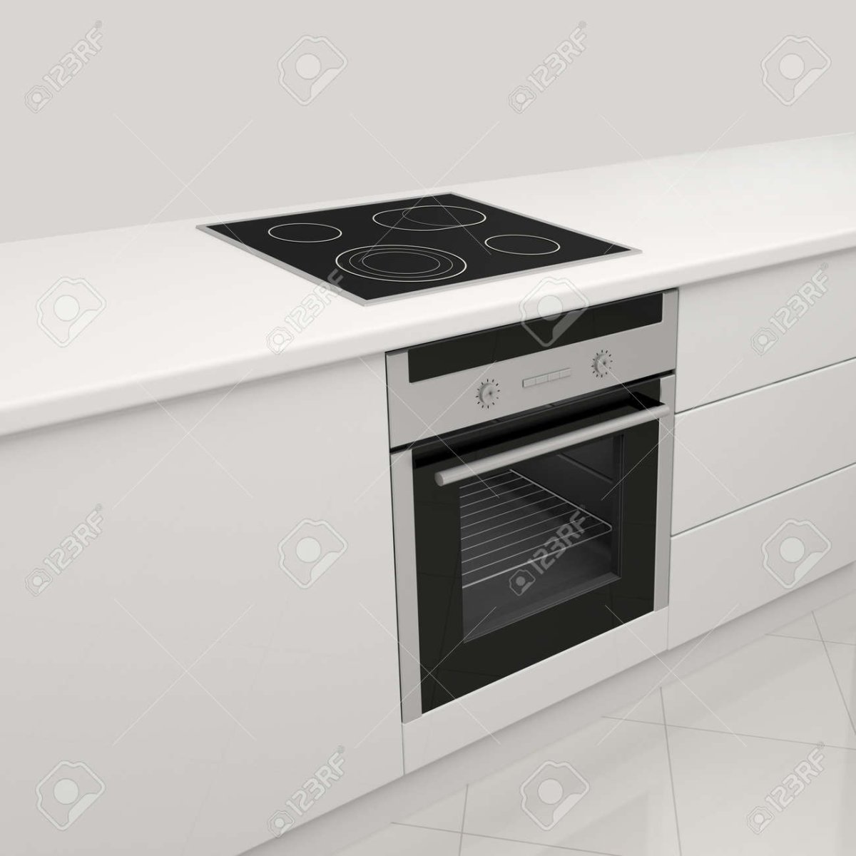 Белый духовой шкаф в серой кухне