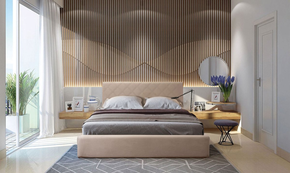 Спальня с рейками на стене