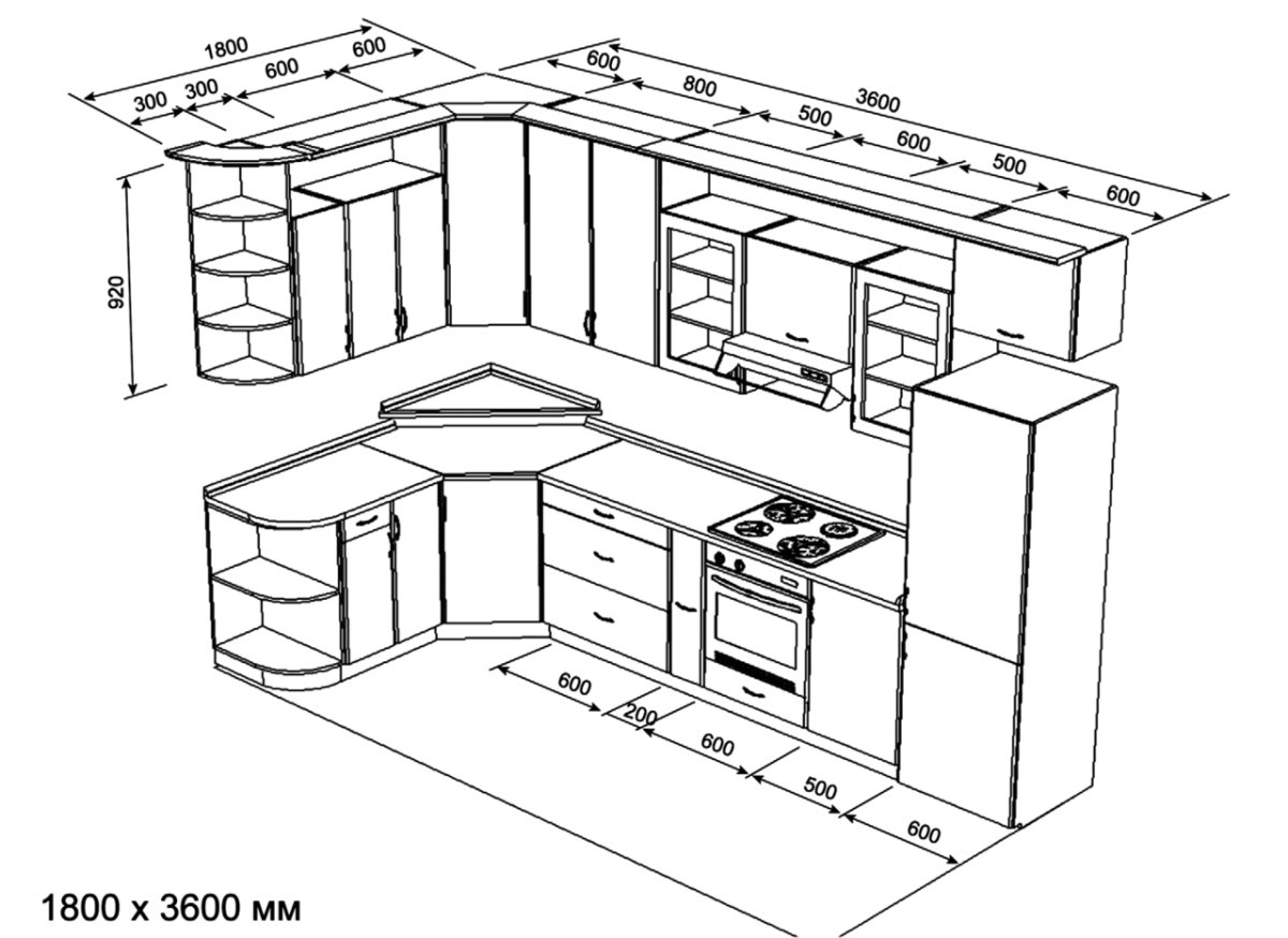 Угловая кухня 1800х1800 с размерами