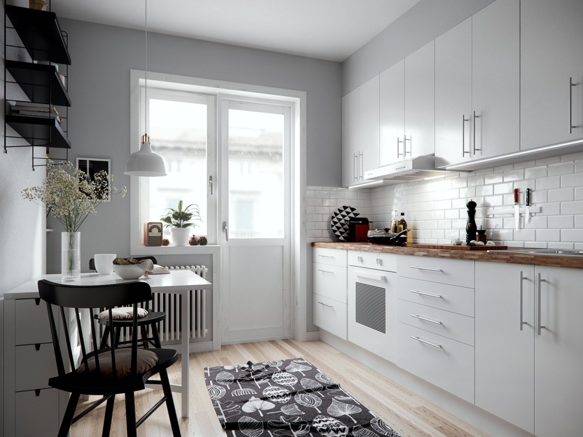 Белая кухня серый пол