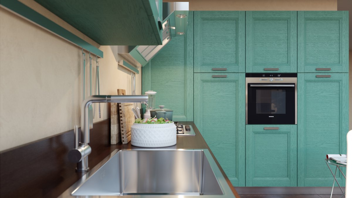 Кухня бирюза с деревянной столешницей