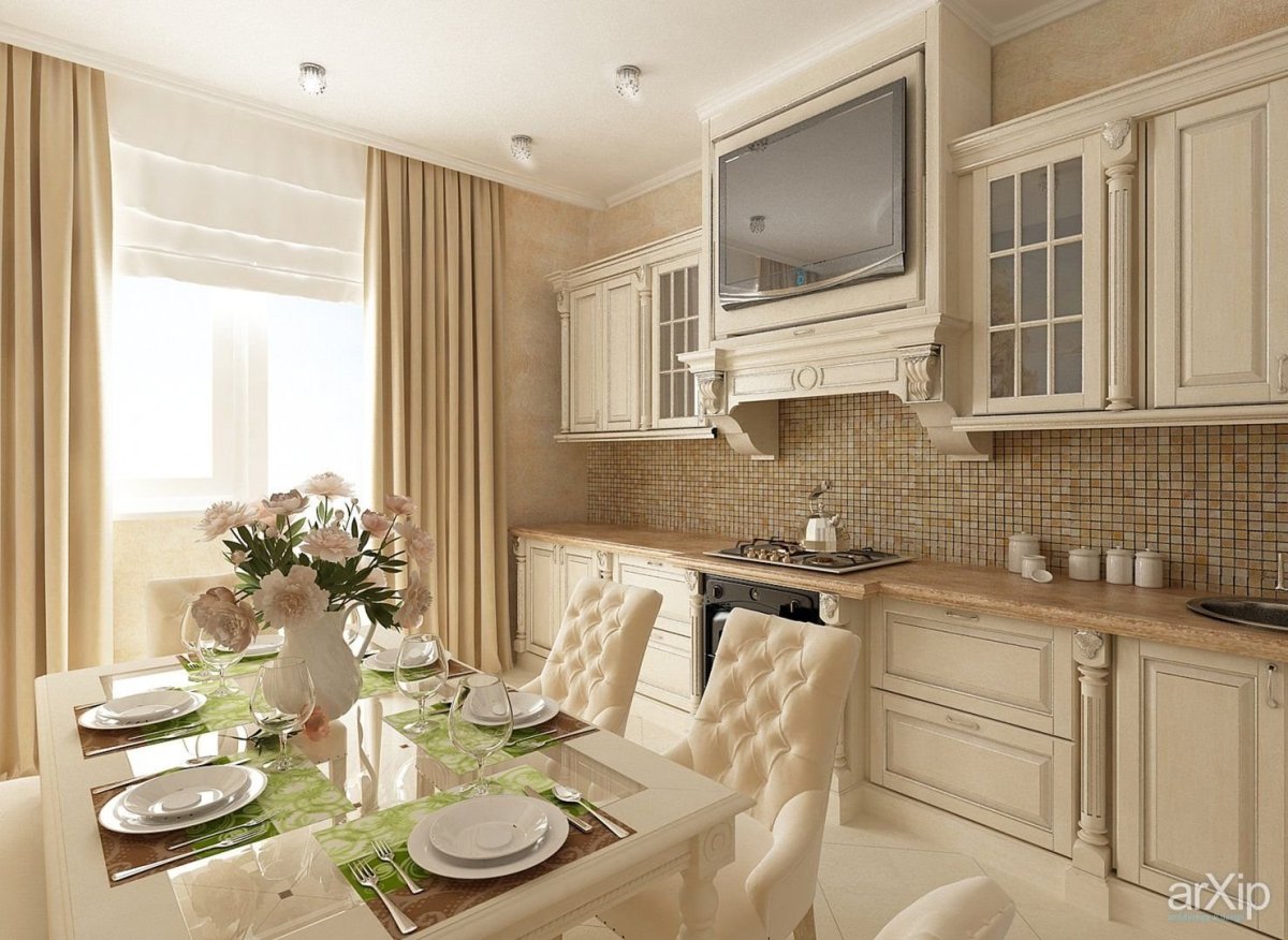 Бело бежевая кухня в интерьере