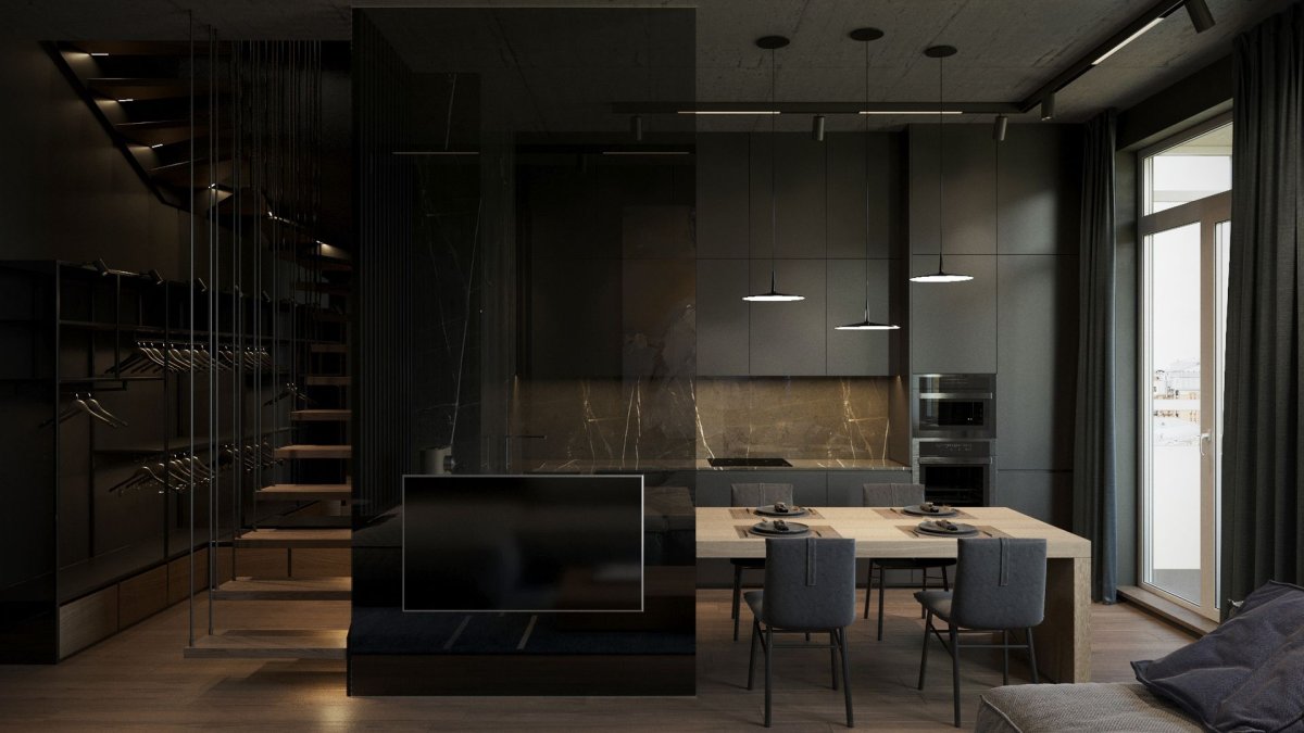 Классика потолок на кухне со световыми линиями