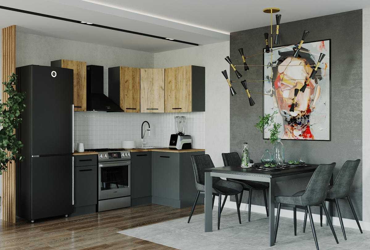Кухня Вегас угловая 2616х1616 антрацит/ дуб Вотан/ФАС антрацит,жемчуг