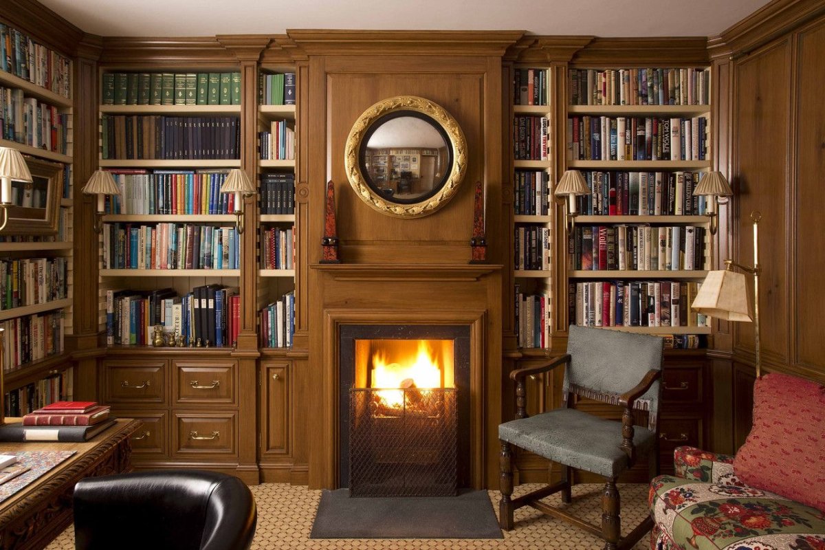Камин и книжные полки в интерьере