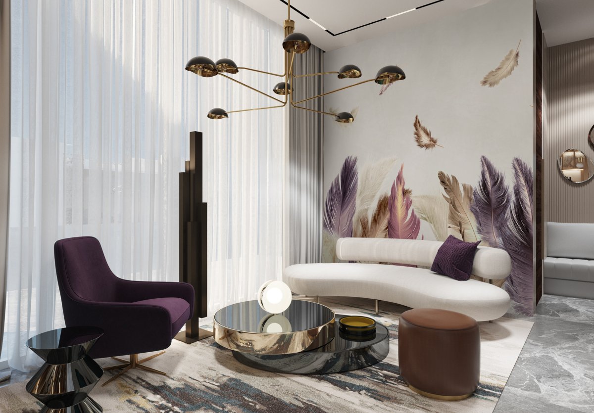 Фотообои с перьями в гостиной