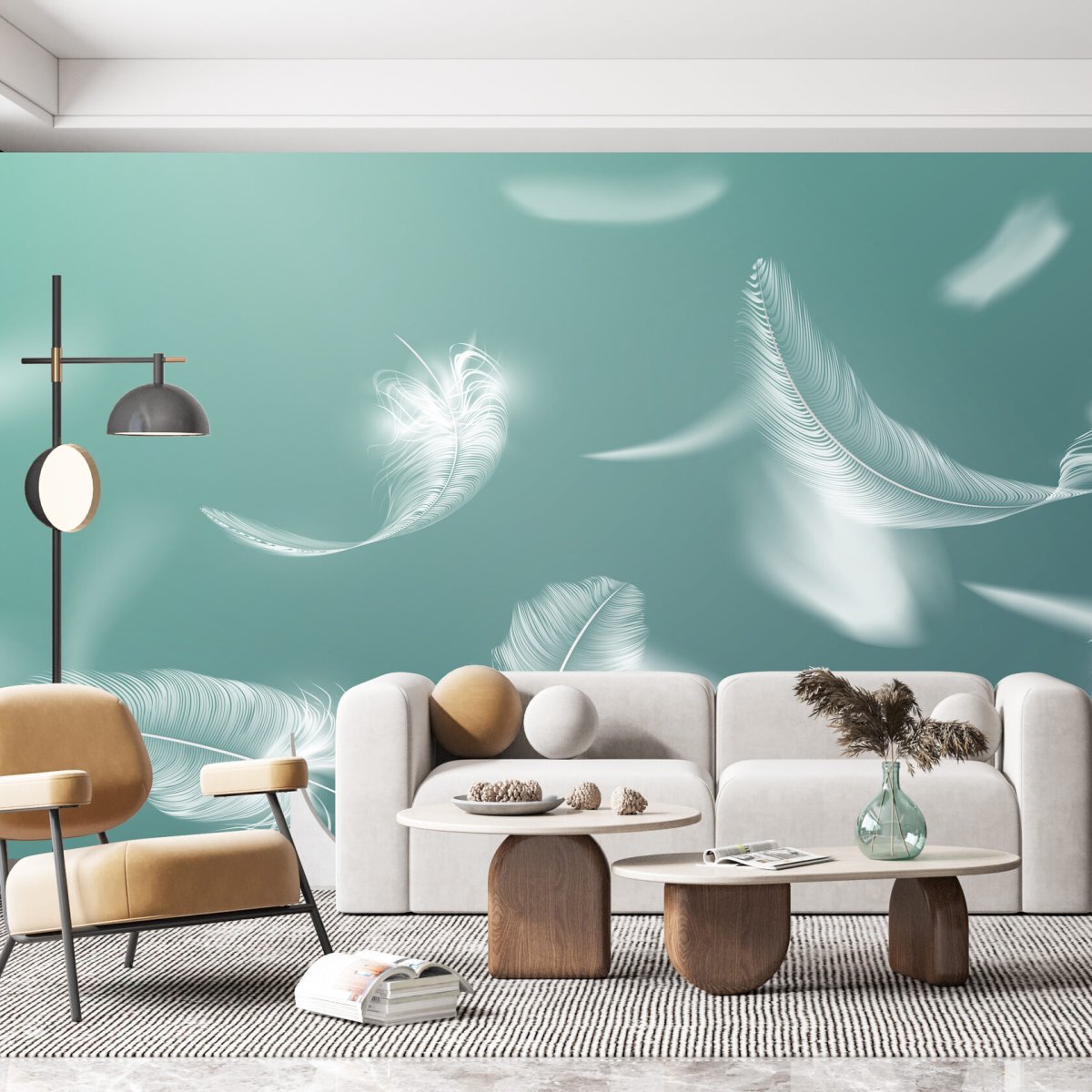 Обои с перьями в интерьере гостиной