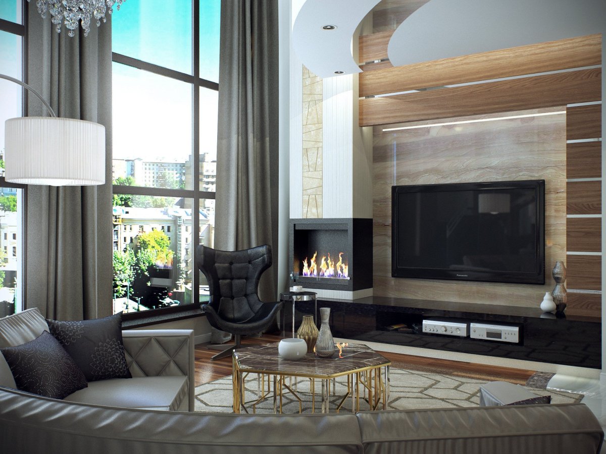 Телевизор на камине в гостиной