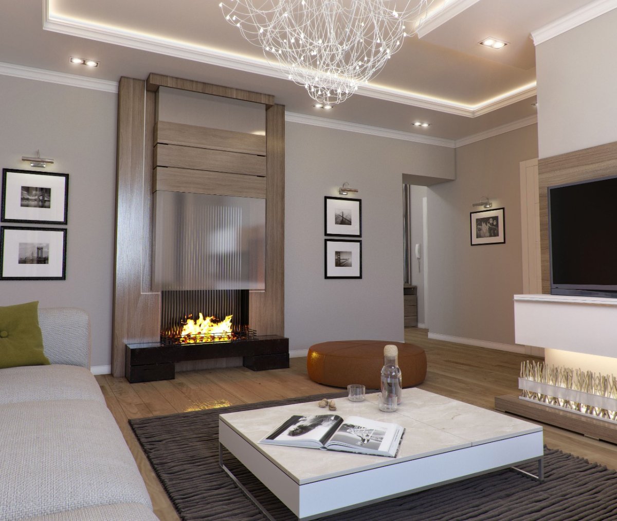 Зал с камином в современном стиле