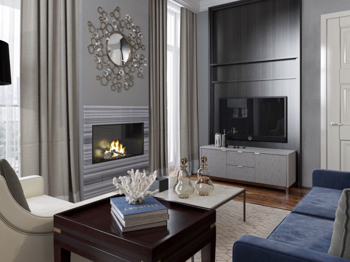 Гостиная с камином и телевизором