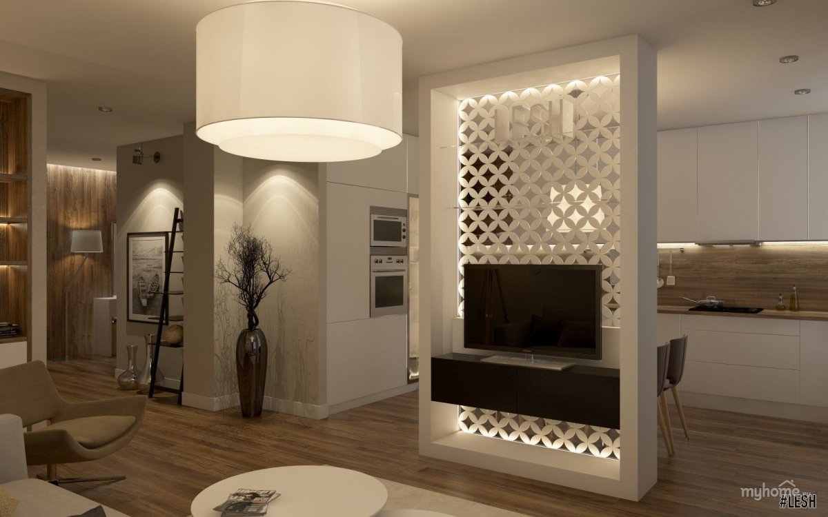 Телевизор на реечной перегородке