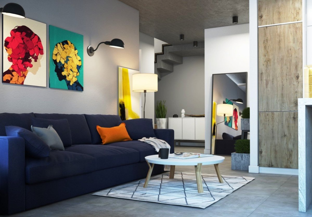 Серая спальня с яркими акцентами