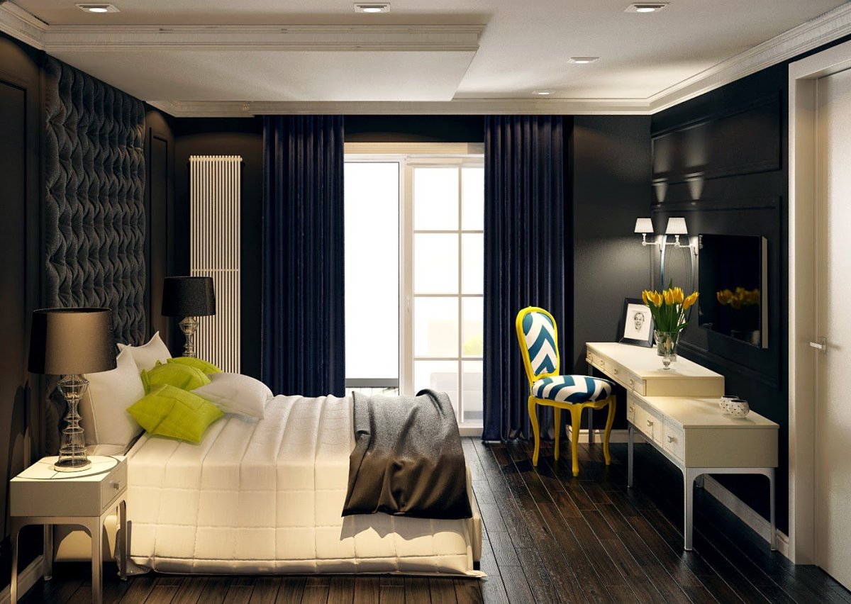 Спальня в серых тонах с яркими акцентами