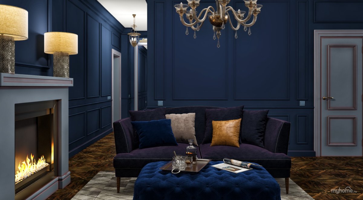 Интерьер печь в синих тонах