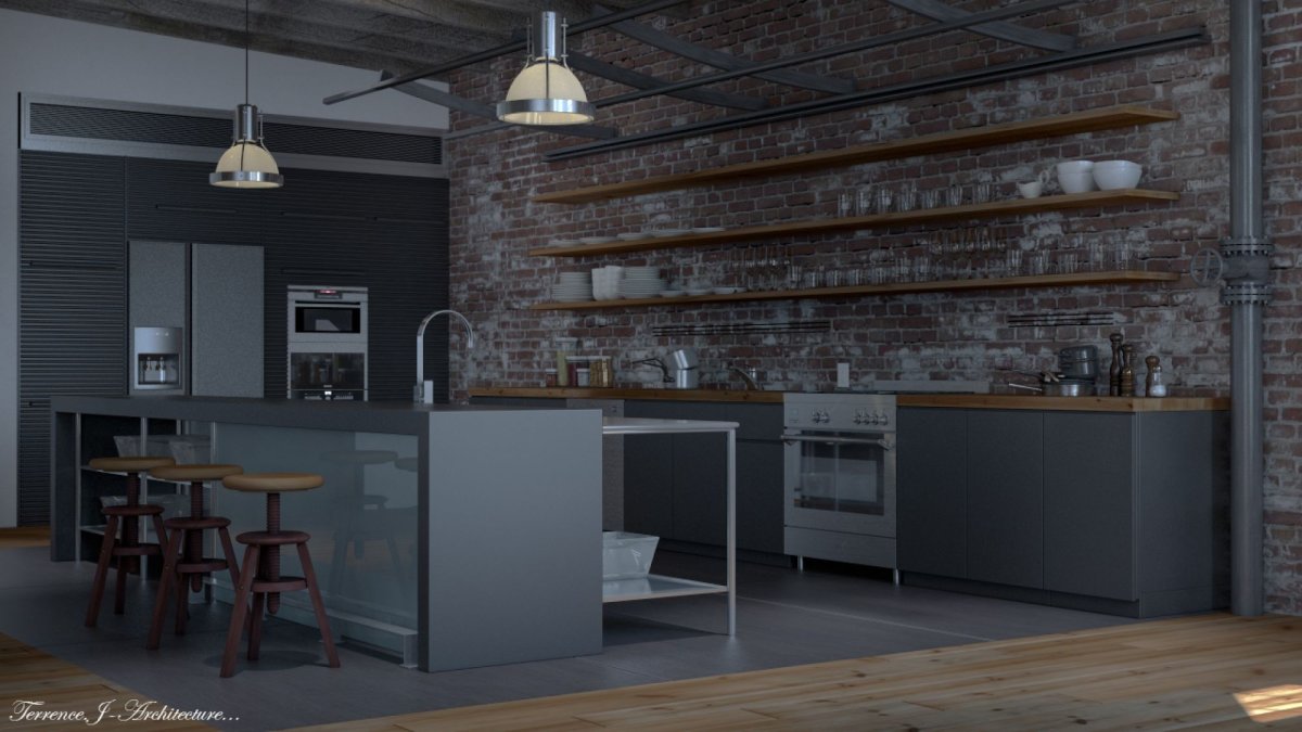 Темно серая кухня в интерьере