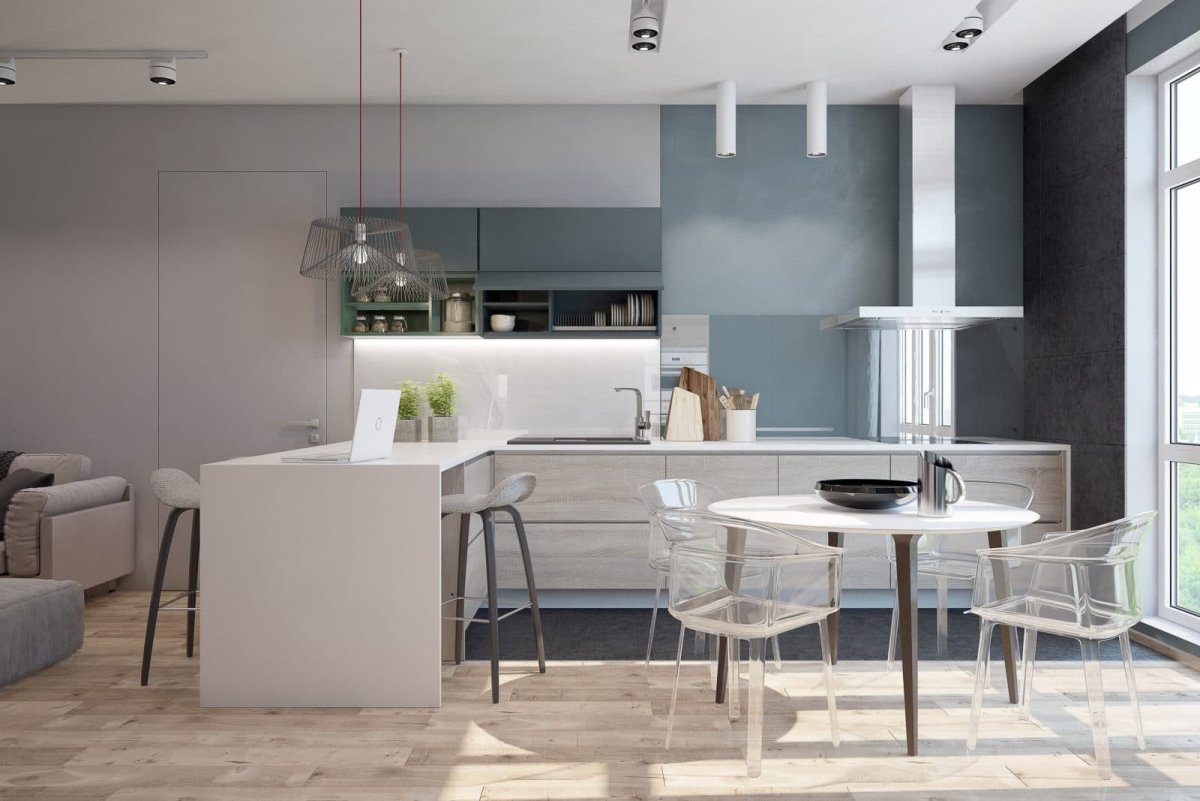 Серая кухня в стиле лофт с полками