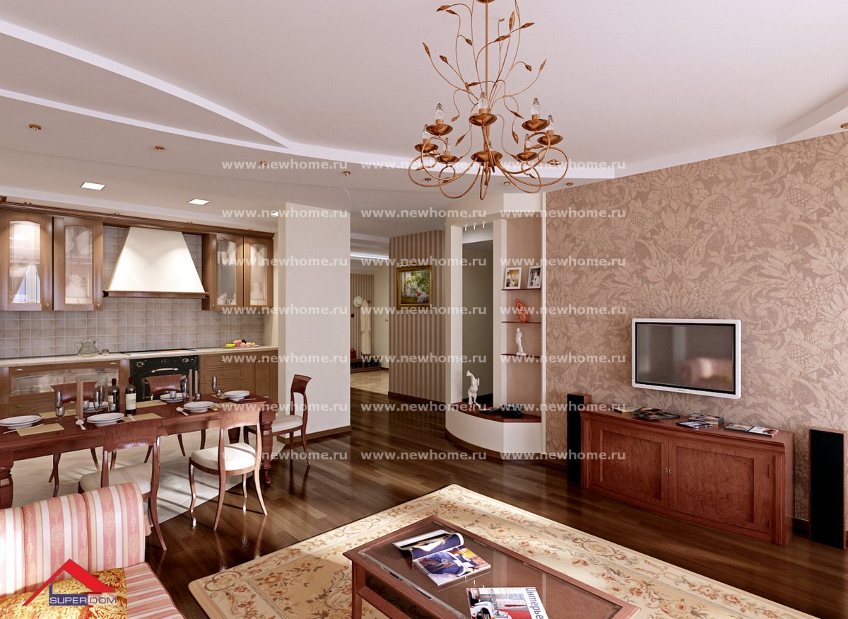 Потолок в большой гостиной-столовой в частном доме