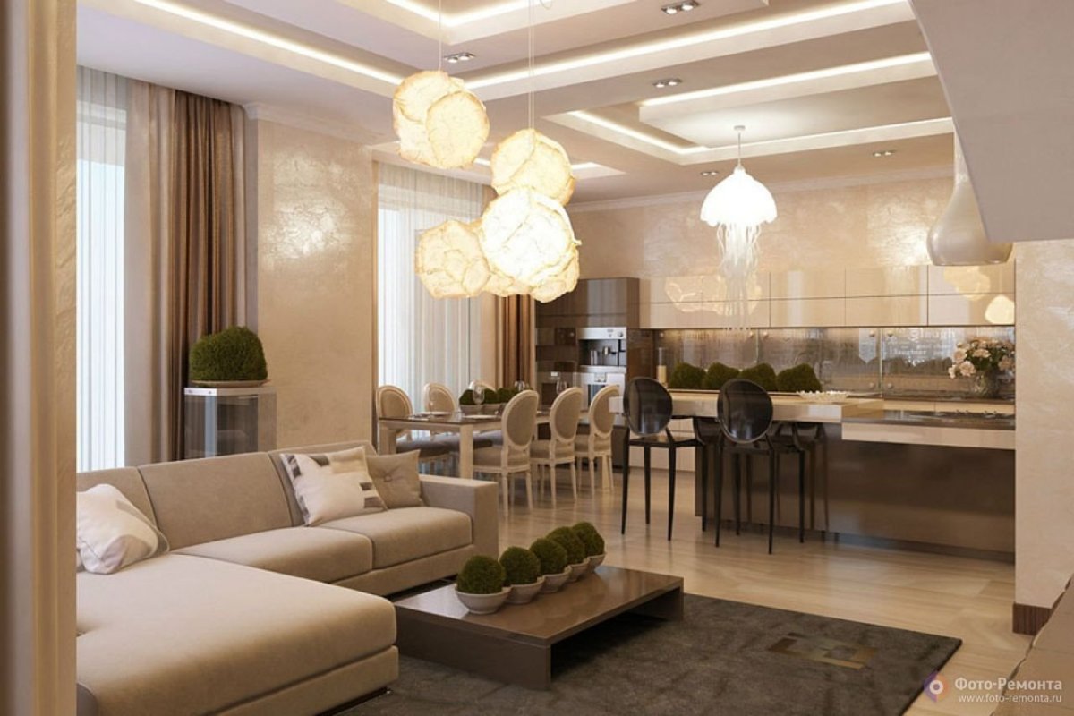 Кухня гостиная в светлых тонах