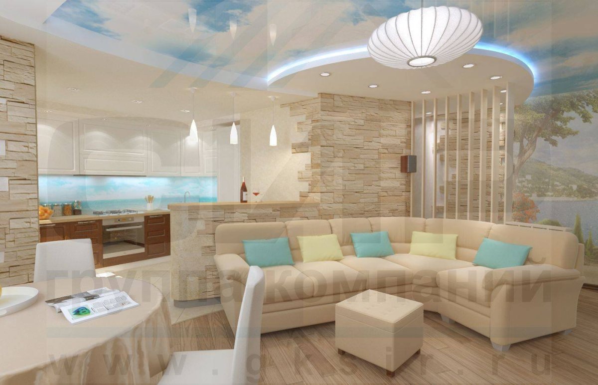 Обои в гостиную совмещенную с кухней