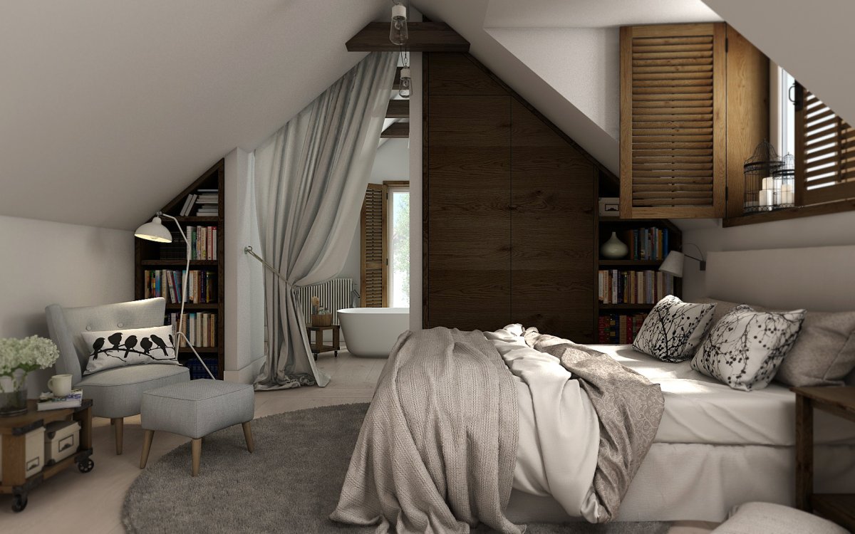Мансардная спальня в стиле Сканди