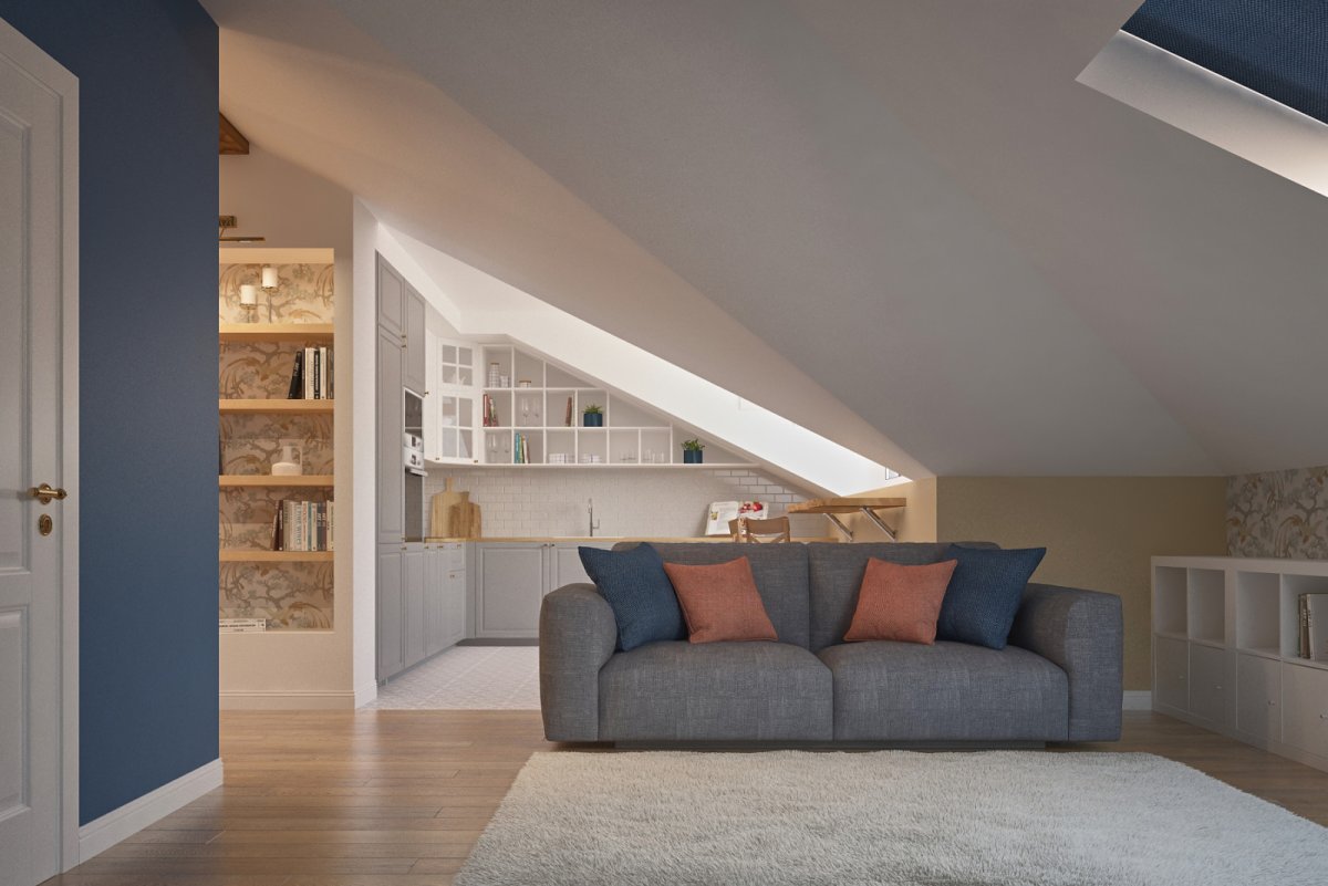 Гостиная со скошенным потолком