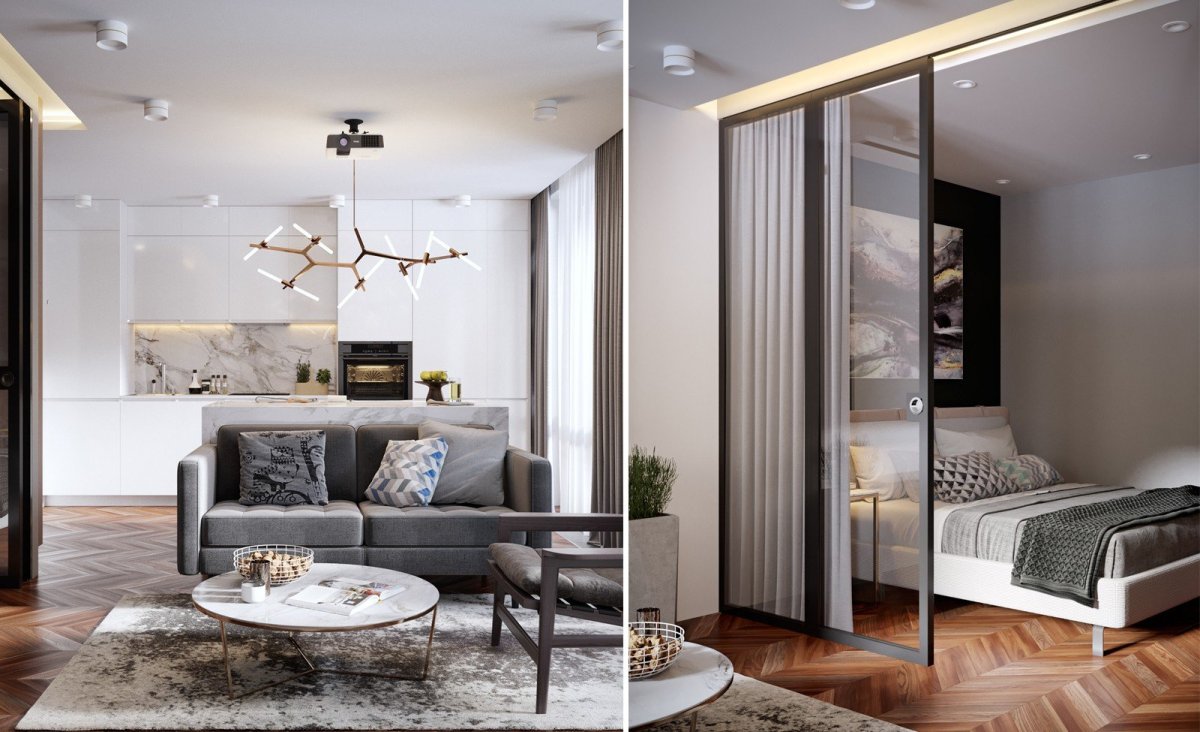 Стеклянная перегородка между спальней и гостиной