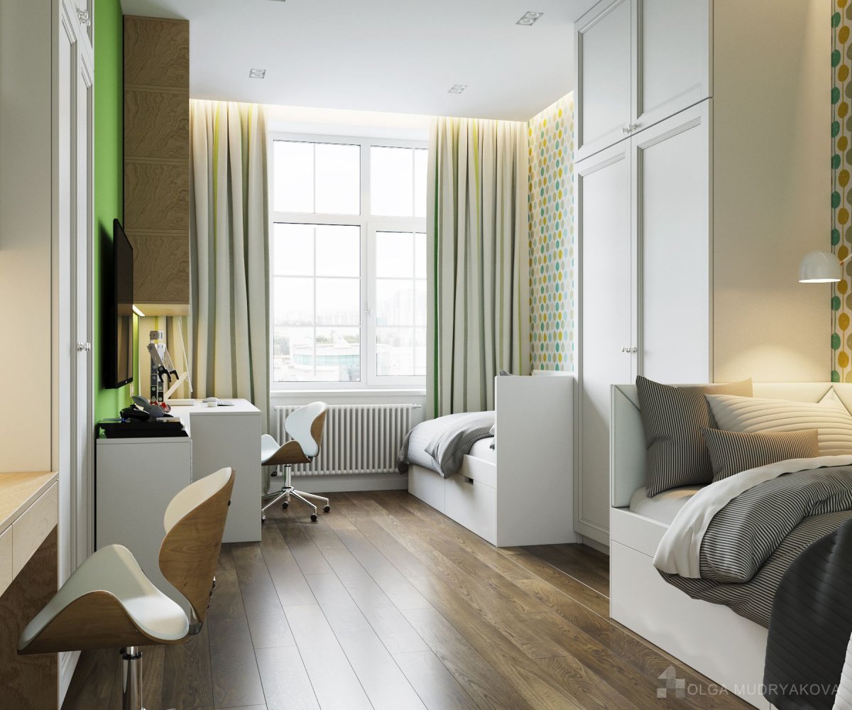 Зонирование детской комнаты с двумя окнами