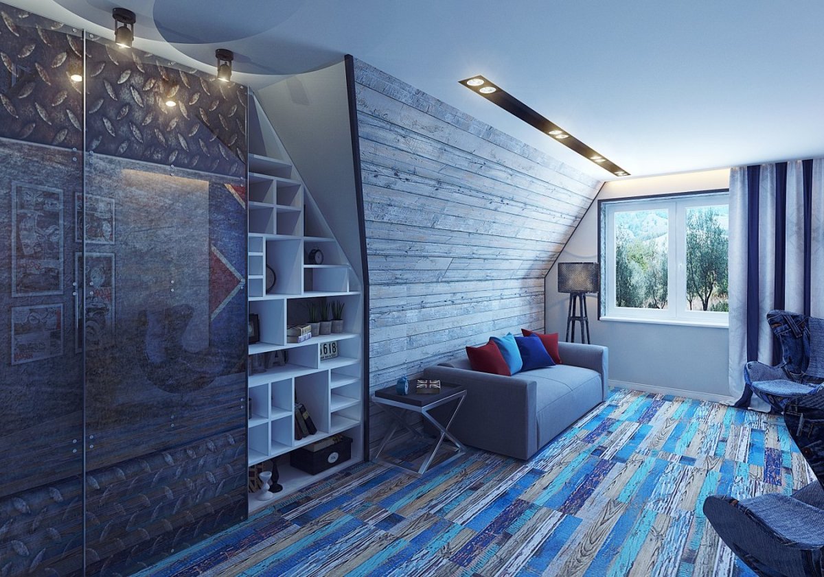 Детская в мансарде в морском стиле