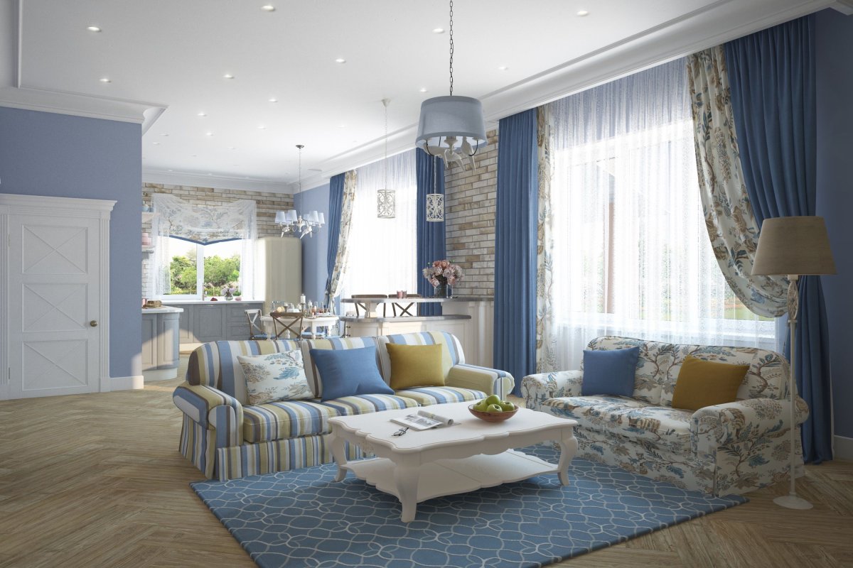 Голубые стены в гостиной