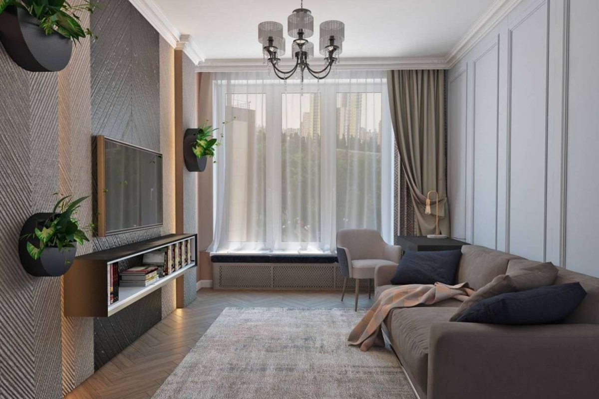 Спальня в бежево-сиреневых тонах