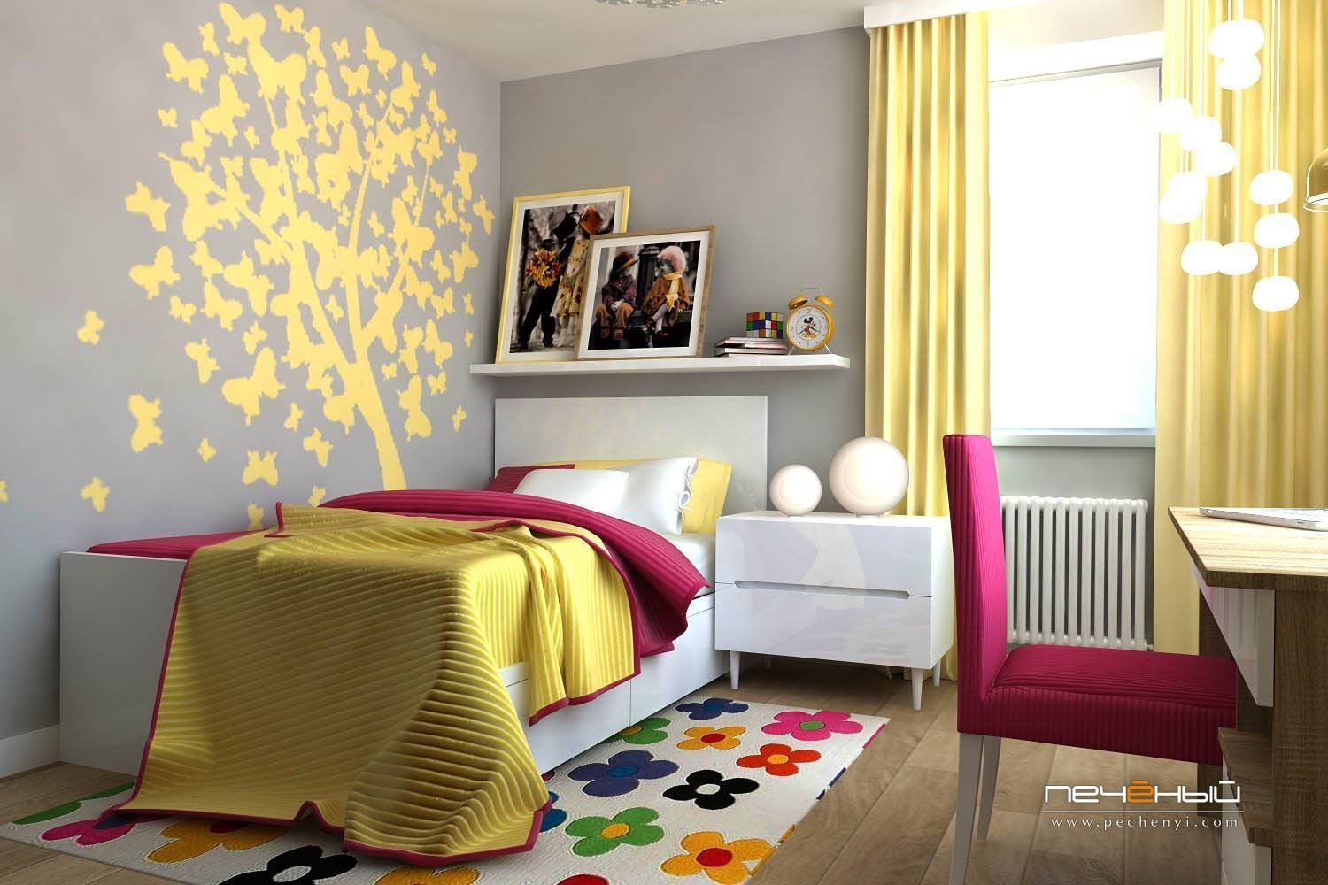 Желто розовый дизайн. Комната в желтом цвете. Интерьер детской. Комната для девочки подростка в желтом цвете. Детская с желтыми стенами.