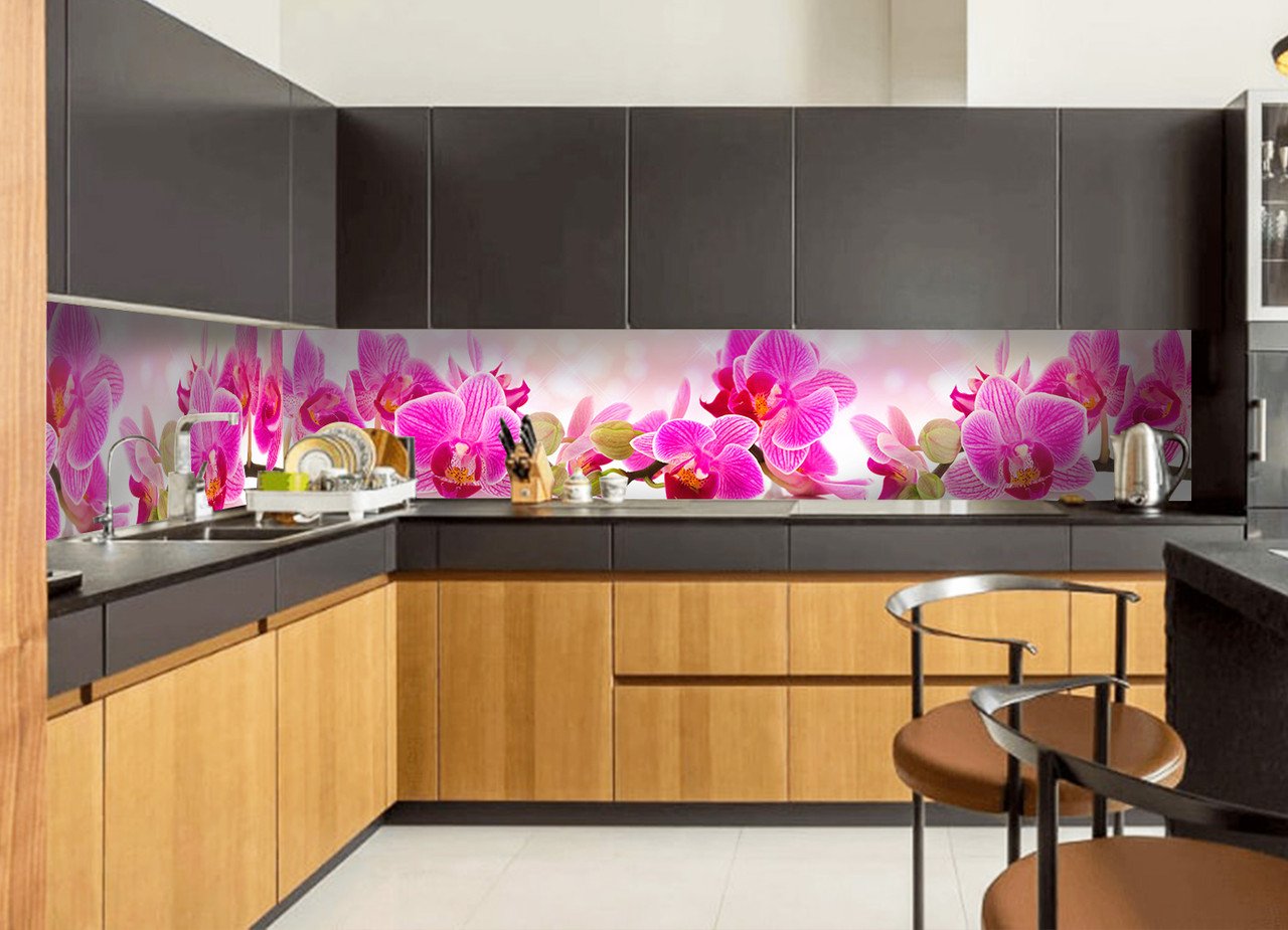 Фартуки 54. Фартук для кухни «Орхидея». Кухонный фартук орхидеи. Фартук для кухни цветы. Скинали для кухни с орхидеями.
