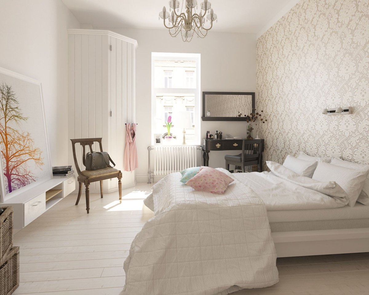 Спальня в скандинавском стиле в светлых тонах