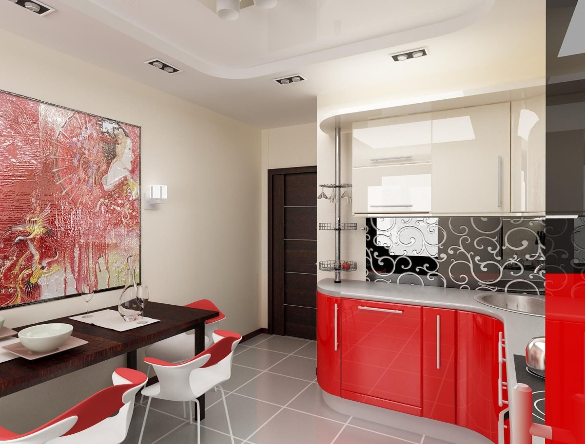 Фотообои на кухню с красной кухней