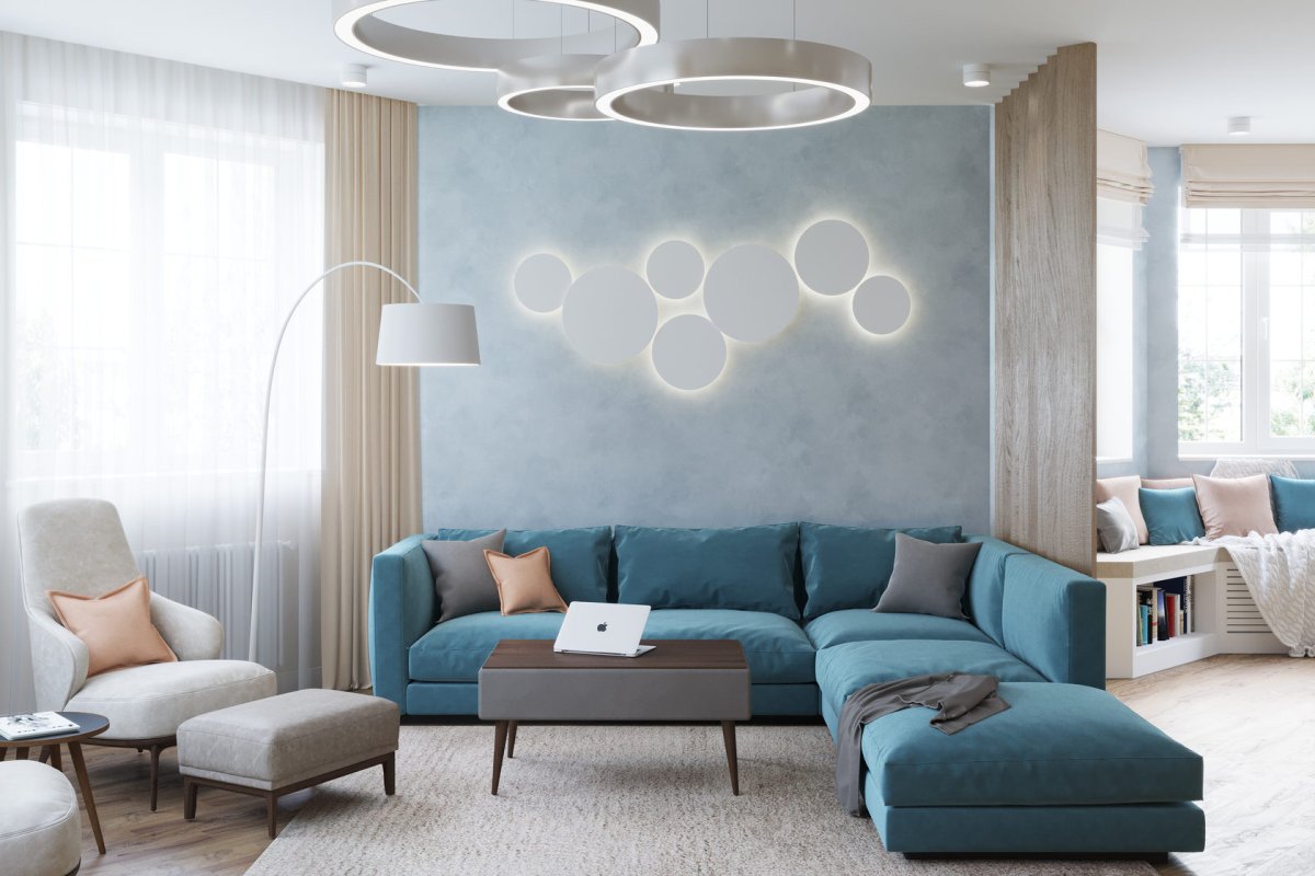 Бирюзовый диван в интерьере серой гостиной