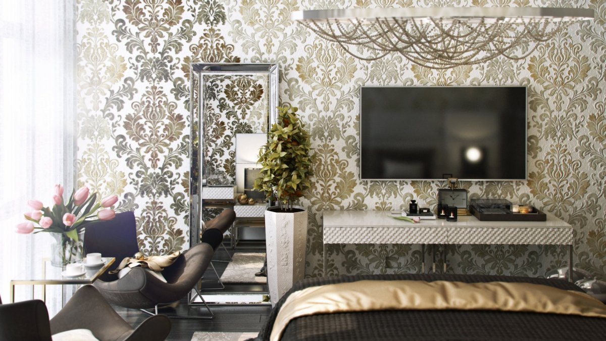 Обои с вензелями в интерьере гостиной