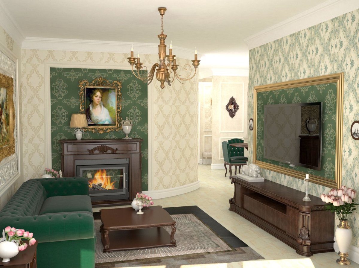 Зеленая гостиная в классическом стиле