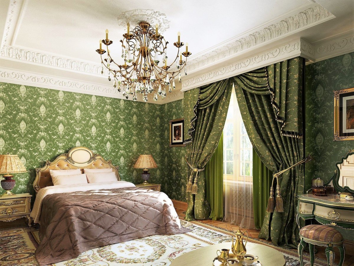 Спальня в золотисто зеленых тонах