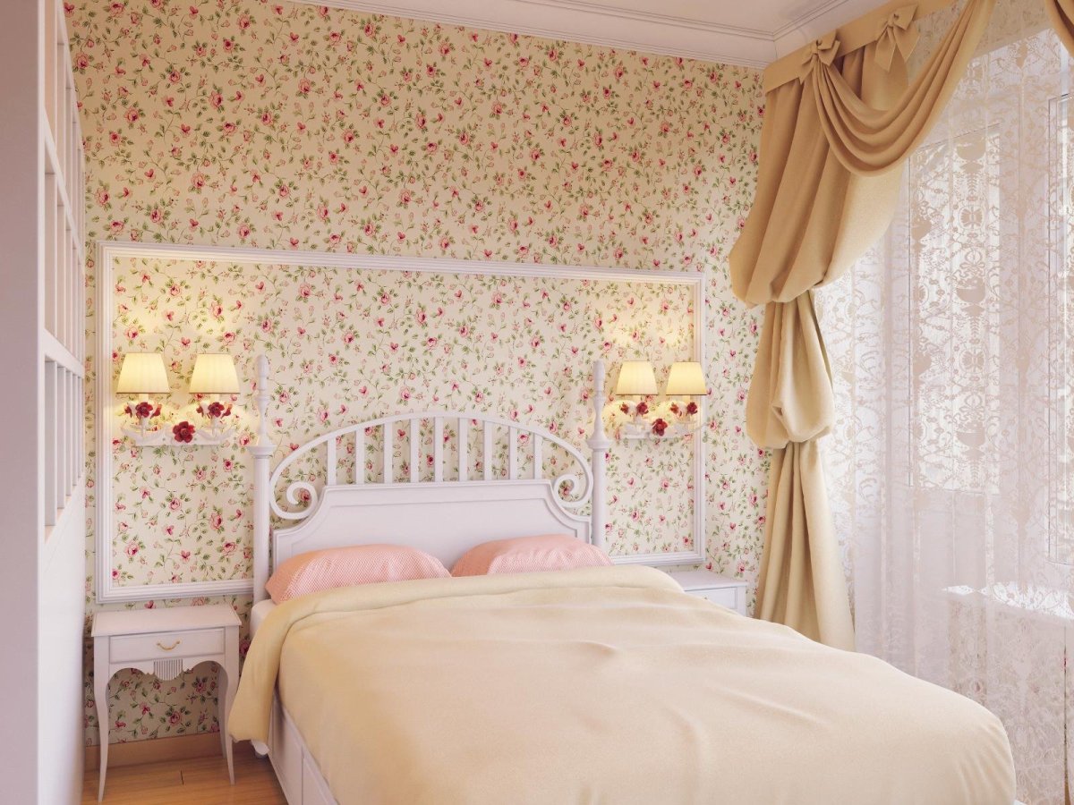 Обои в мелкий цветочек в интерьере спальни
