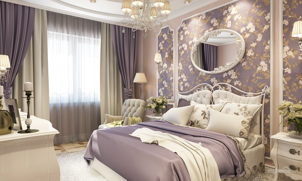 Спальня в бежево-сиреневых тонах