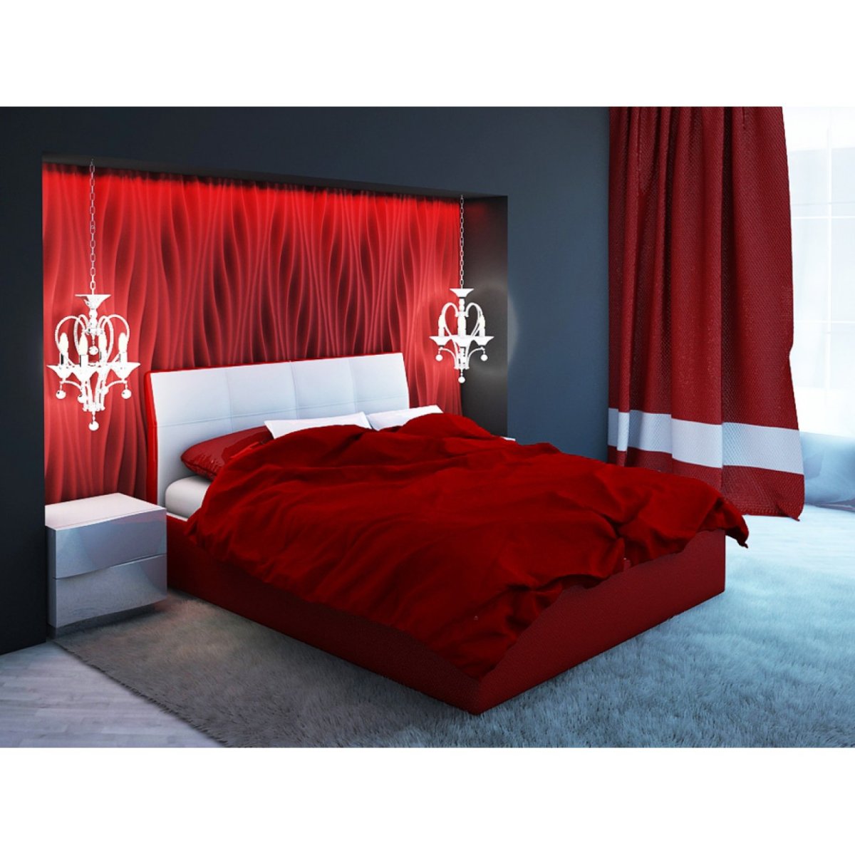 Спальня с красной кроватью