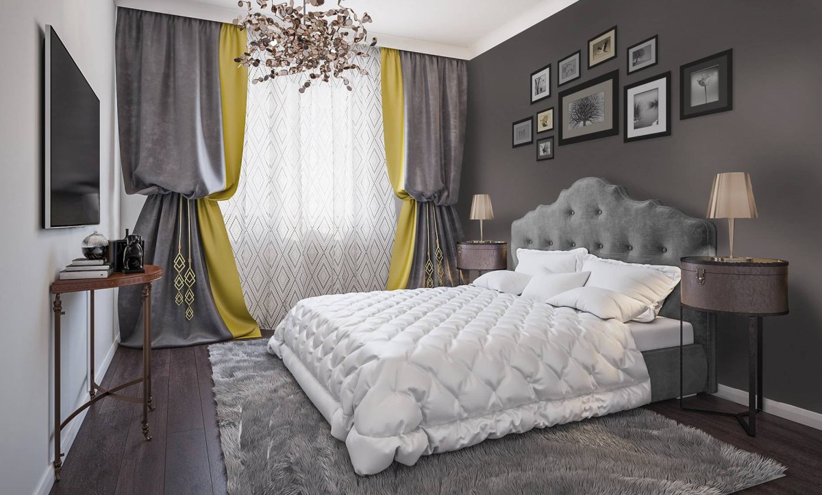 Серые шторы в спальне