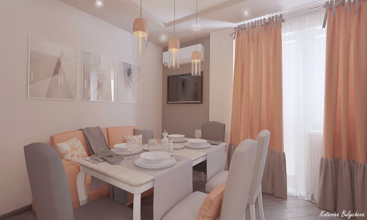 Кухня гостиная в персиковых тонах