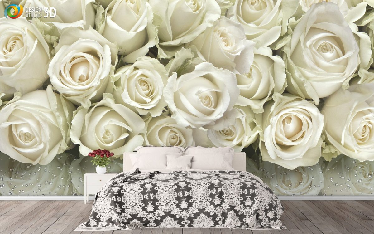 Фотообои белые розы в интерьере