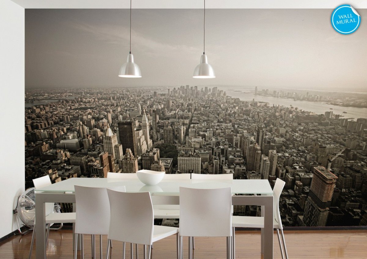 Фотообои город в интерьере кухни
