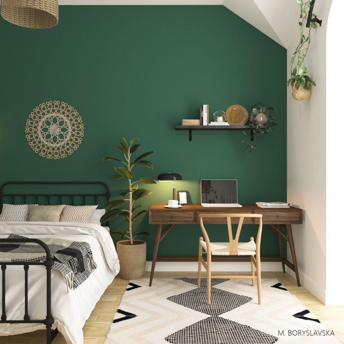 Стиль бохо в интерьере с зеленой стеной