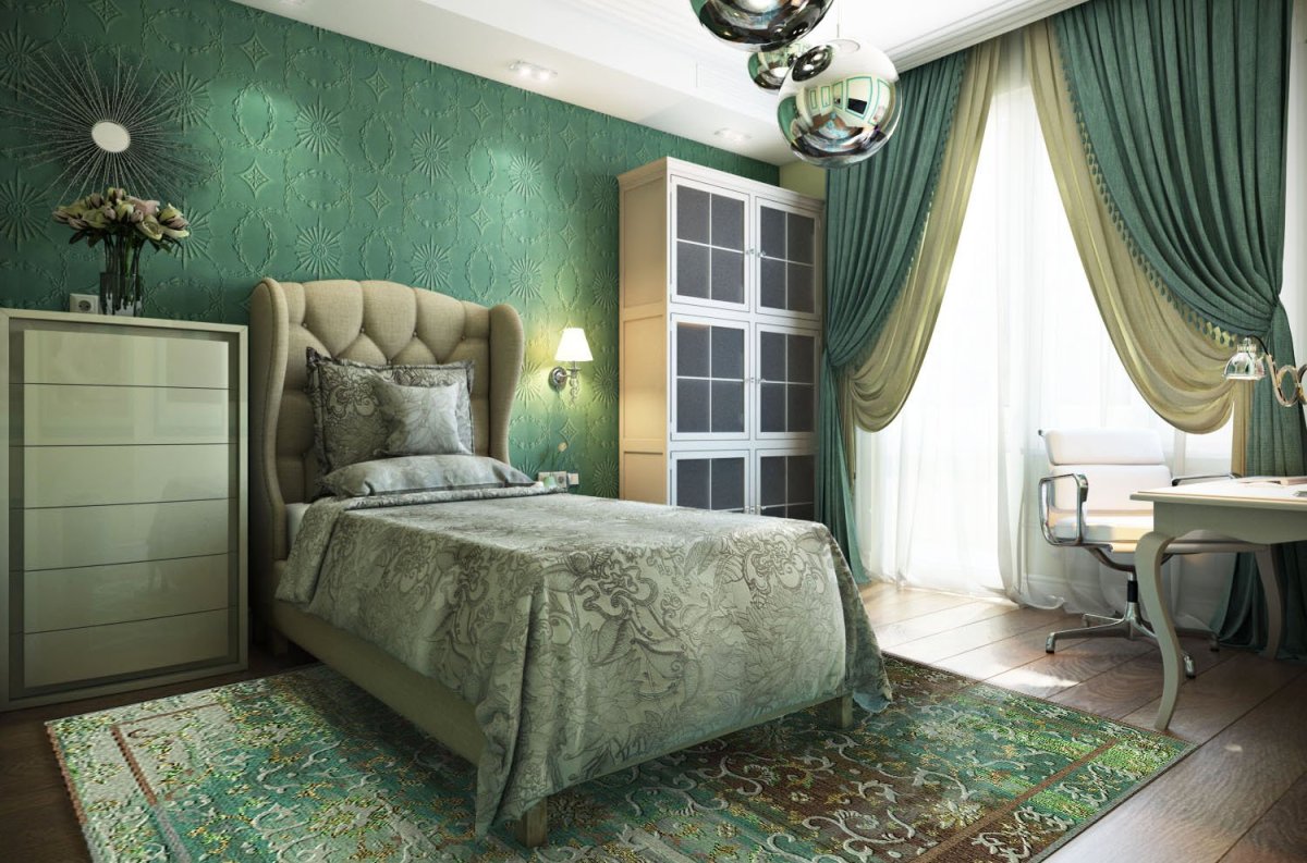 Спальня в темно зеленых тонах